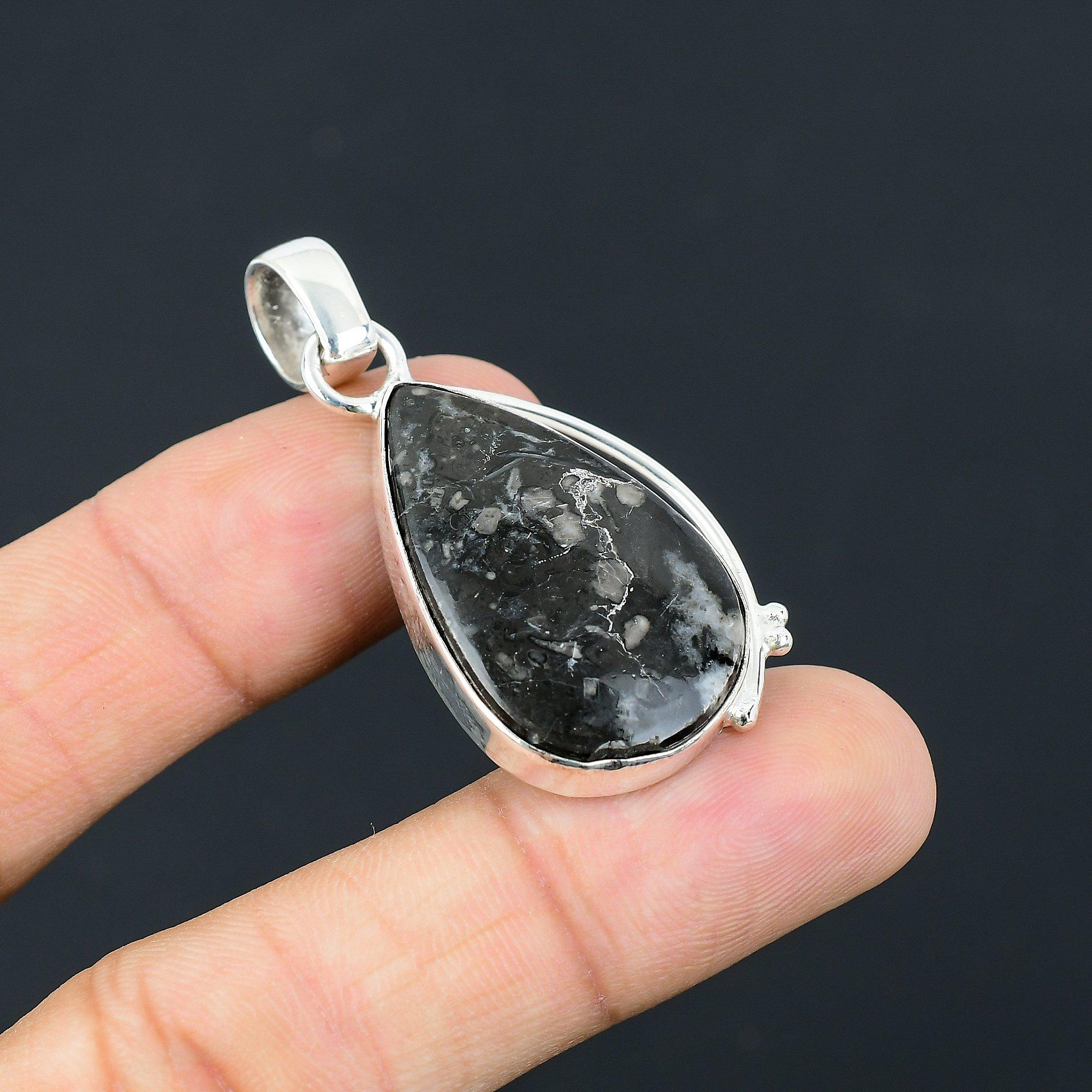 Womens day Deal Pear Black Fossil Coral Gemstone Pendant Jewelry Sterling Silver
