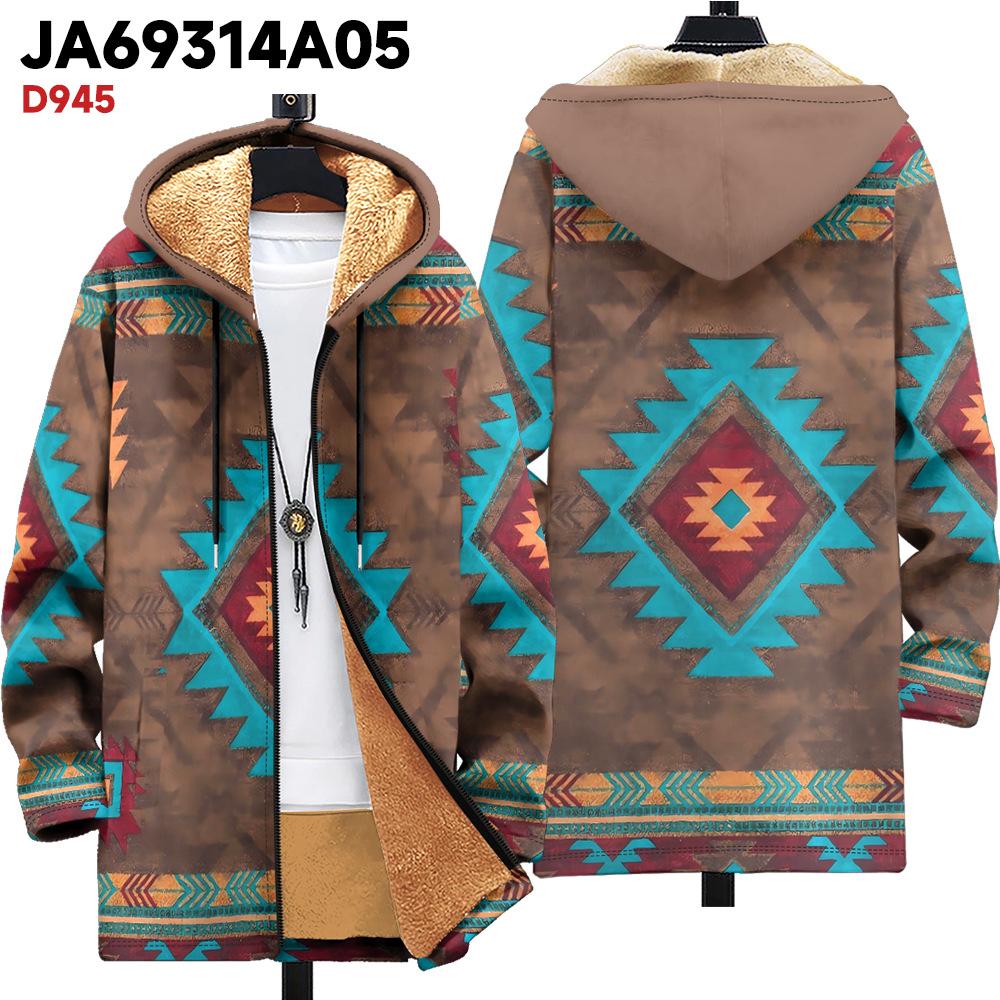 New Jacket: Multi-colored Pattern Elements, Zipper Hooded Cardigan, Thickened Winter Fleece Padded Clothes, Yellow Lining, Trendy Cotton Clothes