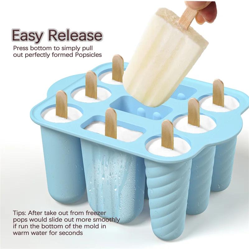 Homemade Home 9 Cavity Ice Cream Mold Food Grade Silicone Popsicles Molds With Wooden Sticks Ice Pop Molds Maker Summer