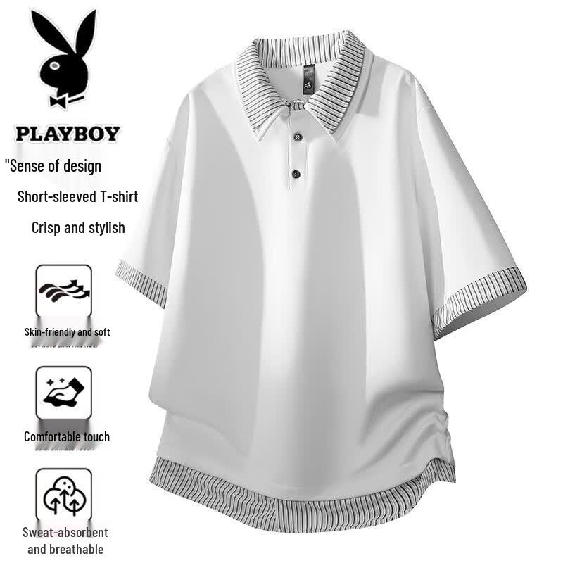 PLAYBOY Men s Summer Fake Two-Piece Polo Shirt 4XL