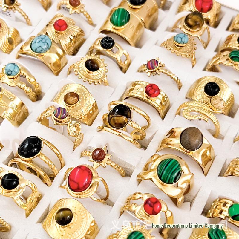 European-American Retro French Natural Stone Stainless Steel Ring Set