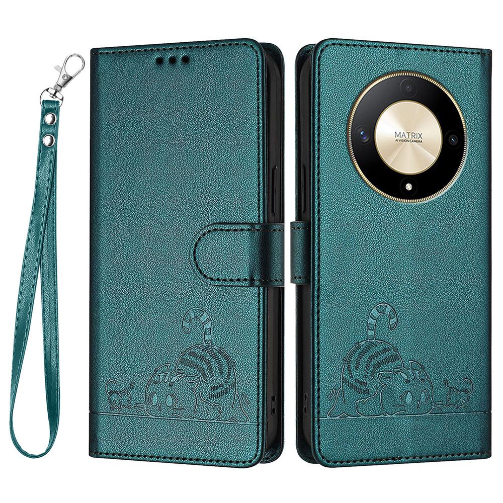 

Чехол для Honor Magic6 Lite 5G/X9b 5G/X50 5G с ремешком, кожаный кошелек с RFID-блокировкой, чехол для телефона с рисунком кошки и мыши Dark Green