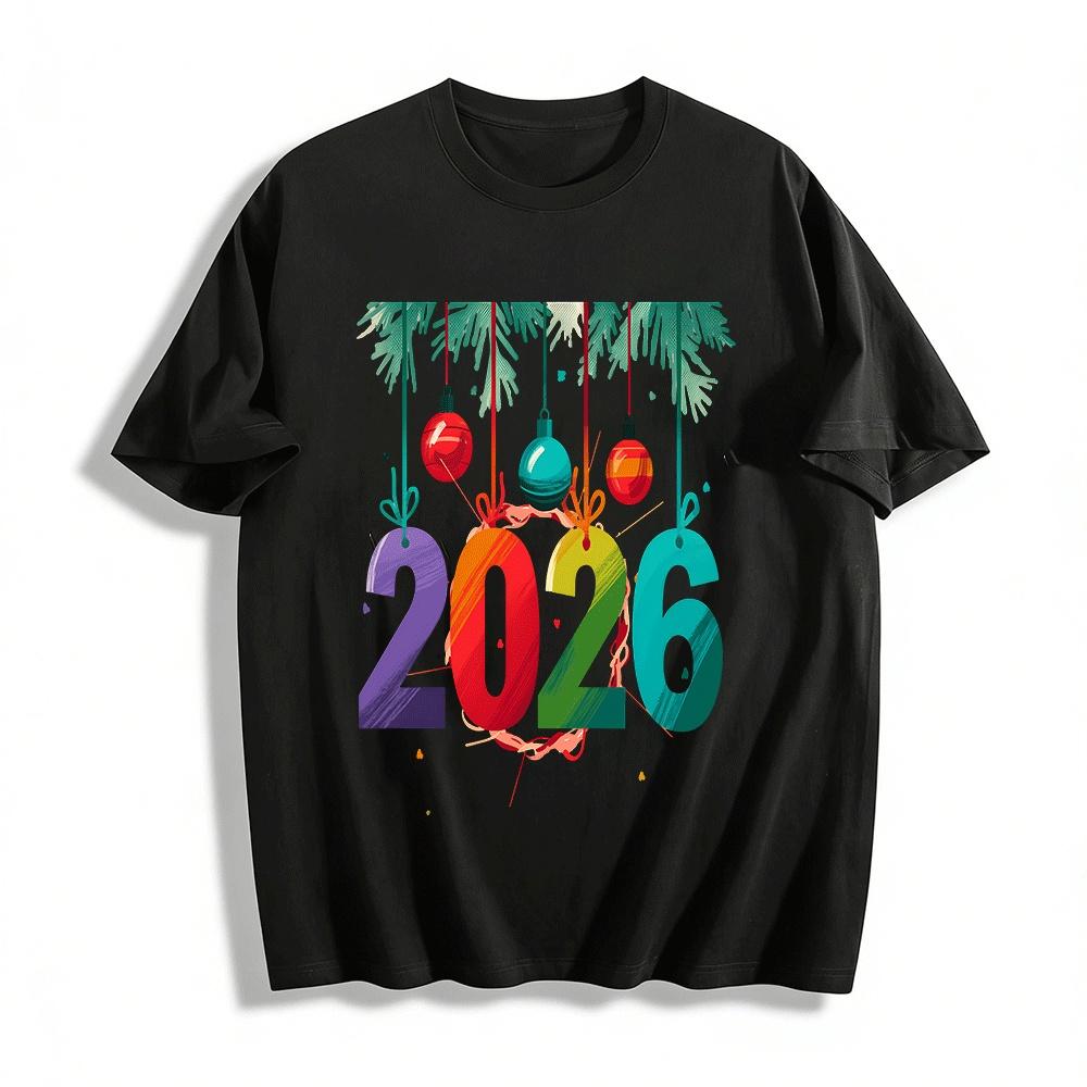 

2026 New Year Themed Printed Casual Top Festival Vibe Loose T-Shirt Pure cotton T-shirt XXS