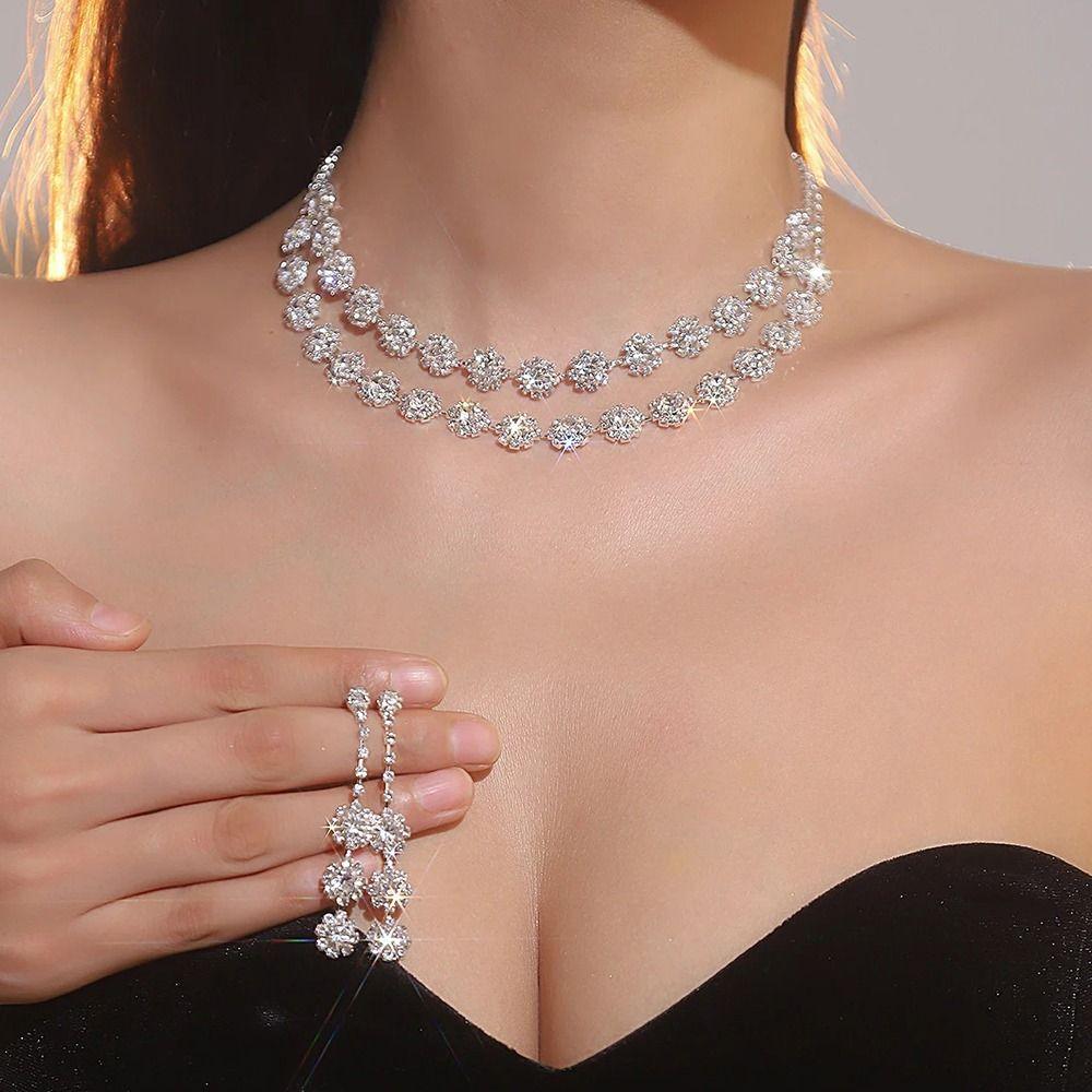 Fashion Shining Jewelry Set Inlay Rhinestone Bracelet Light Luxury Clavicle Chain  Festival Gifts