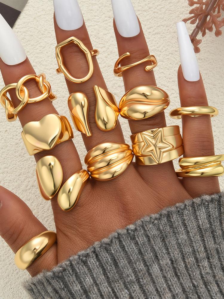 iF ME 12Pcs Gold Color Lava Texture Ring Set For Women Chunky Statement Irregular Heart Teardrop Stackable Rings Minimalist Jewelry