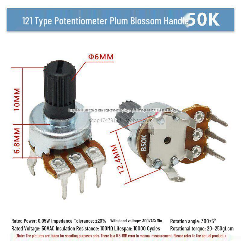 Type 121 Single Gang Rotary Volume Potentiometer with D-Type Knurled Half-Shaft, B10K/B50K/B100K, Vertical 3-Pin Through-Hole.