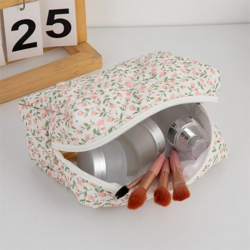 Cute Pink Floral Quilted Makeup Bag Multi-Purpose Portable Cosmetic Storage Pouch Compact Coin Storage Toiletry Organizer