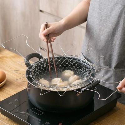 Foldable Stainless Steel Steam Rinse Strain Fry Basket - Kitchen Cooking Tool for Fried Foods and Fruits