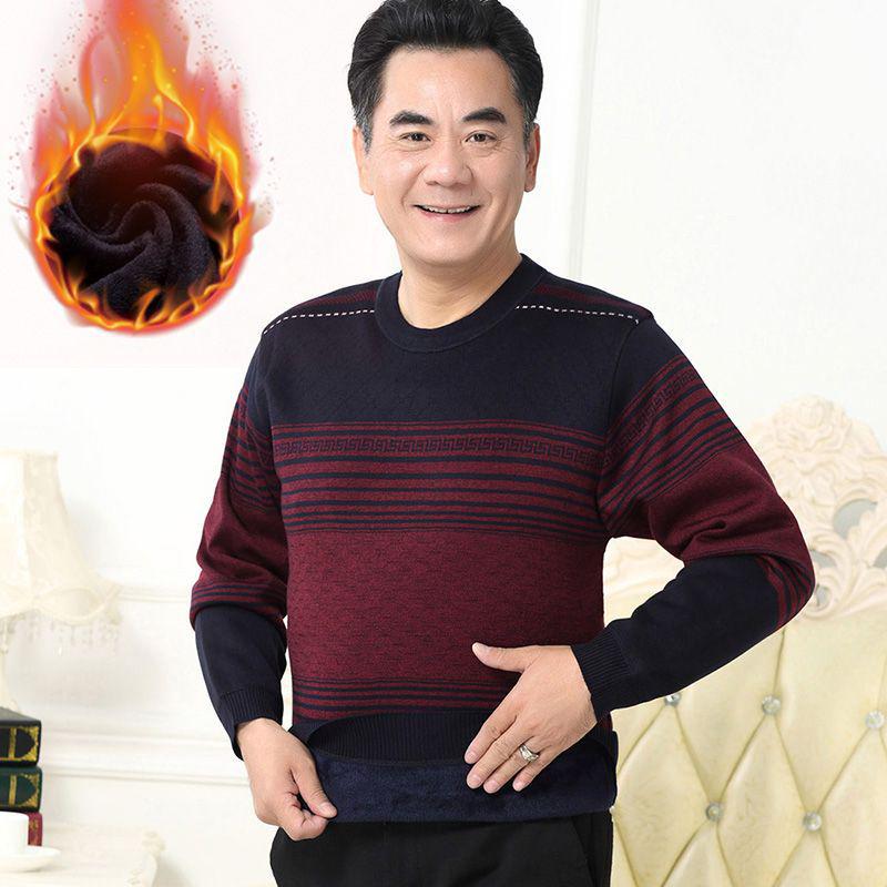Men's Thick Fleece-Lined Sweater - Grandpa Style, Round Neck, Perfect for Winter Warmth