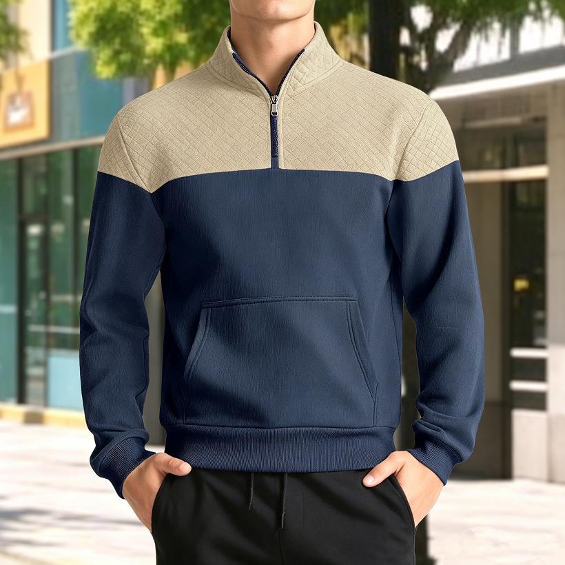 Men Color Block Quarter Zip Sweatshirt Mock Neck Pullover with Kangaroo Pocket Ribbed Cuffs Hem Long Sleeve Spring Fall Casual Streetwear Top