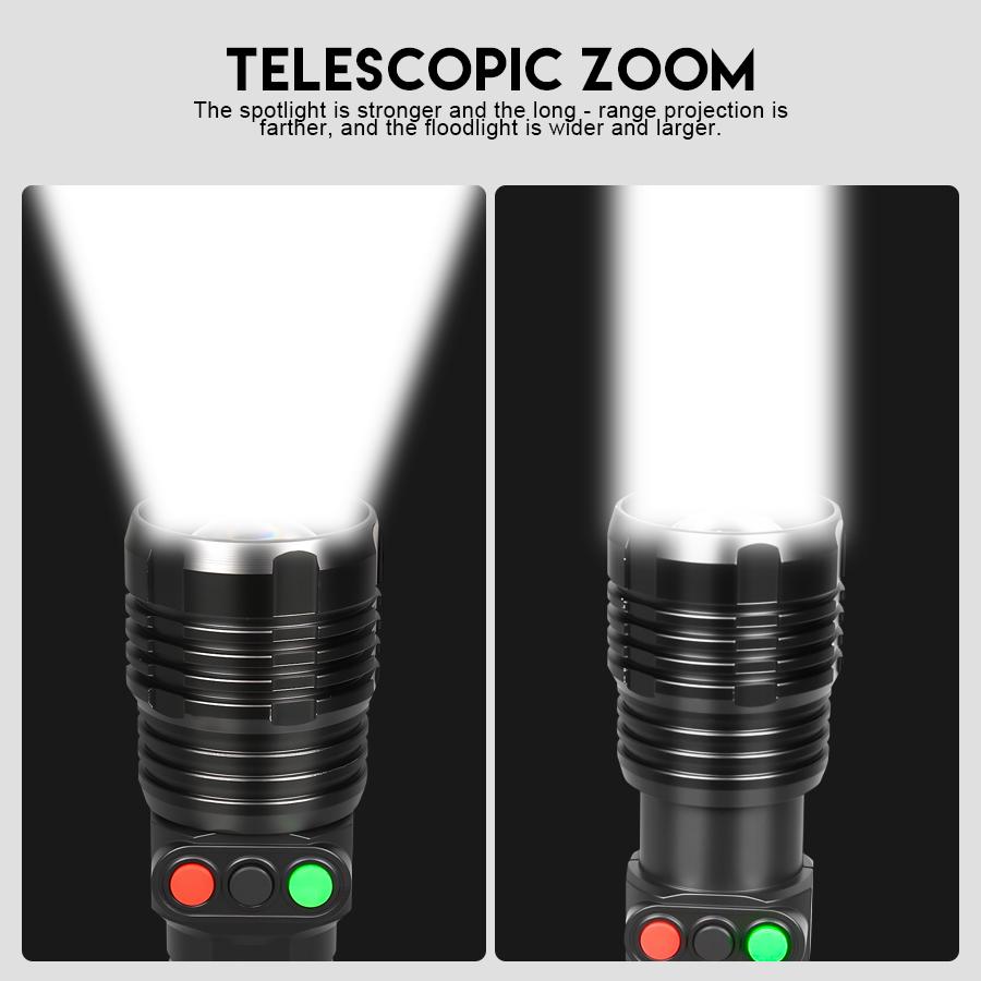 Super Bright LED Flashlight USB Rechargeable Torch with Red and Green Light Telescopic Zoom Lamp Outdoor Emergency Explore Light