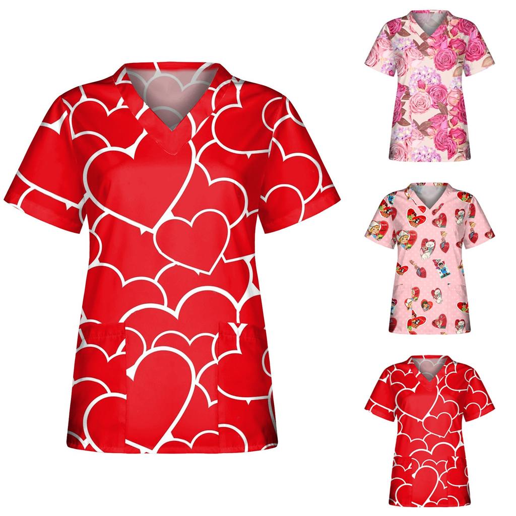 Women's Casual Wear Printed Short-sleeved V-neck Tops Workwear Pocket Tops