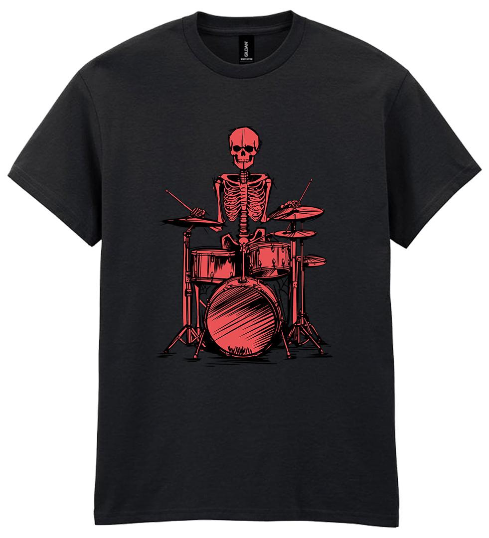 Skeleton Drummer T-Shirt Mens Womens Tees Top Drumming Music Gift Goth Horror Fun Festival Drum Tee L