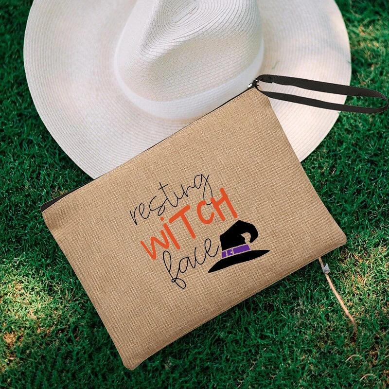 Witch Print Canvas Zipper Makeup Bag Witchcraft Women Travel Lipstick Bag Skincare Storage Organizer Pencil Case Cosmetics Bags