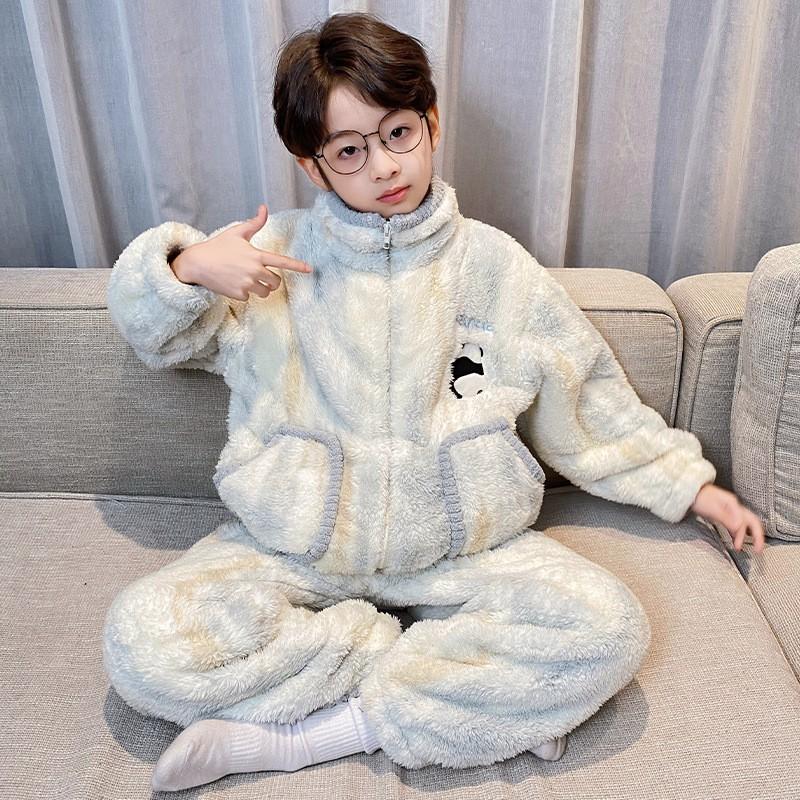 Boys Warm Fleece Pajama Set Winter Thick Coral Sleepwear Kids 8-14 Years Long Sleeve Home Suit
