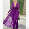 Women's Fashion Jumpsuit: Solid Color, Deep V-Neck, Long Sleeve, Lace Trim, Slim Fit Skirt Pants
