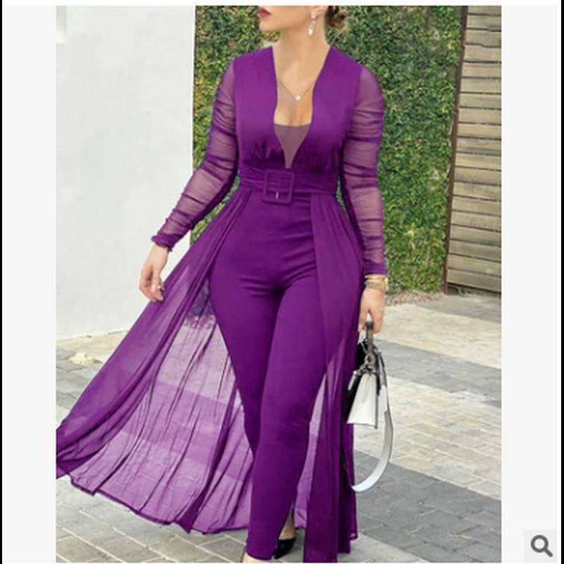 Women's Fashion Jumpsuit: Solid Color, Deep V-Neck, Long Sleeve, Lace Trim, Slim Fit Skirt Pants