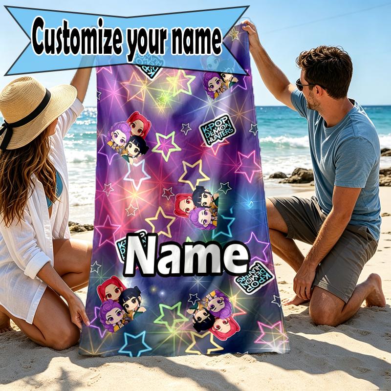 Asciugamano da Spiaggia Personalizzato con Nome KPop Hunters Print, per Viaggio Campeggio Festa in Spiaggia Decorazione Casa, Regalo di Compleanno per Famiglia e Amici
