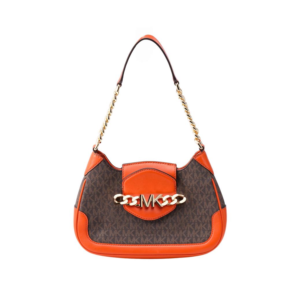 Michael Kors MK Hally Vintage Blumen-Kettenriemen Leder und Kunstleder Tote Schultertasche Damen Handtaschen Dunkelbraun Orange 30F1G2HL1B-843