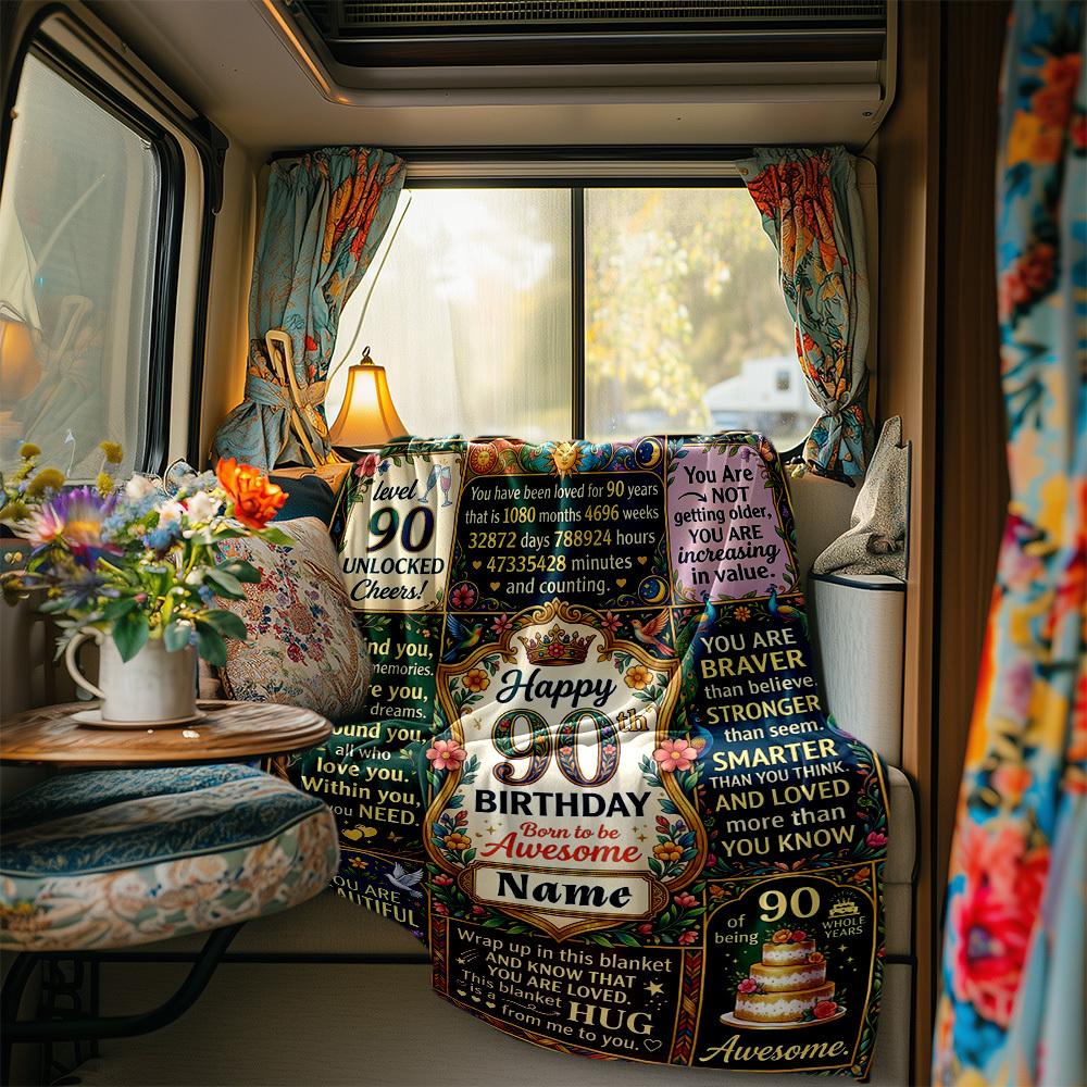 90Th Birthday Celebration Blanket Personalized Name Soft Comfortable Stylish Blanket Car Blanket Perfect For Travel Camping Outdoor Home Suitable For
