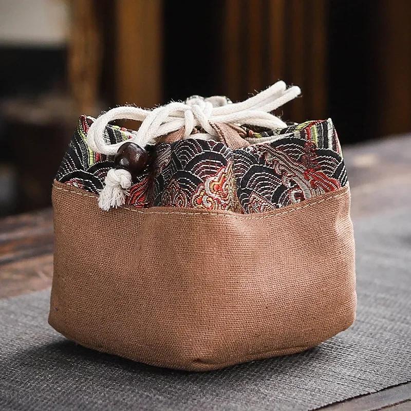 Vintage Teaware Storage Bag Outdoor Travel Ceramic Teacups Cotton and Linen Drawstring Cloth Bags Kung Fu Tea Accessories
