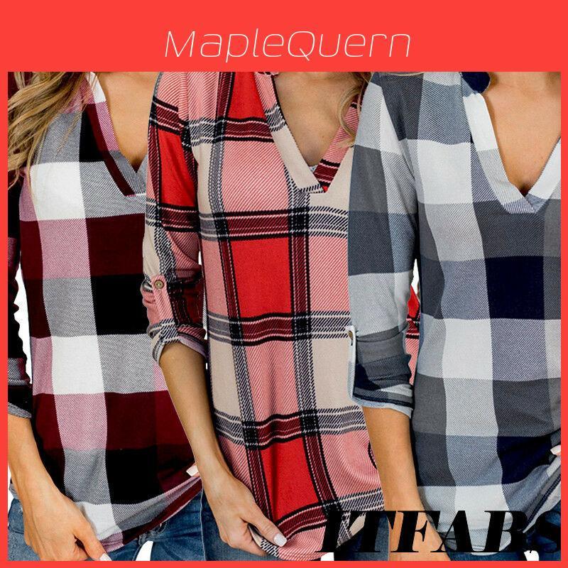 Women Vintage V-neck Loose Tops Long Sleeve Stylish T-shirt With Plaid Casual Design