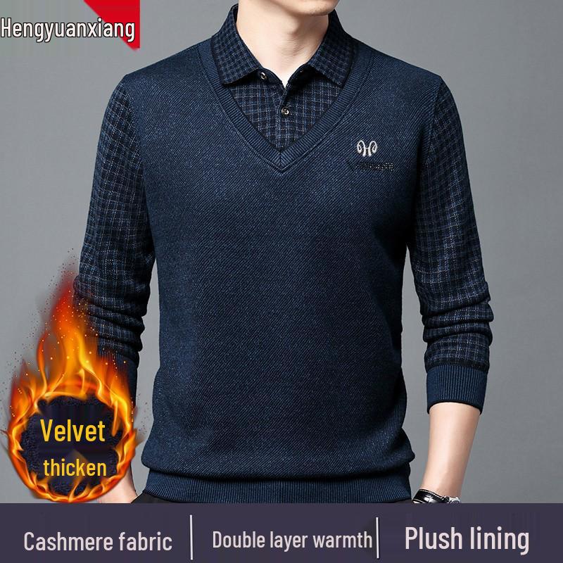 Hengyuanxiang Men's Pure Cashmere Two-Piece Look Thickened Winter Sweater