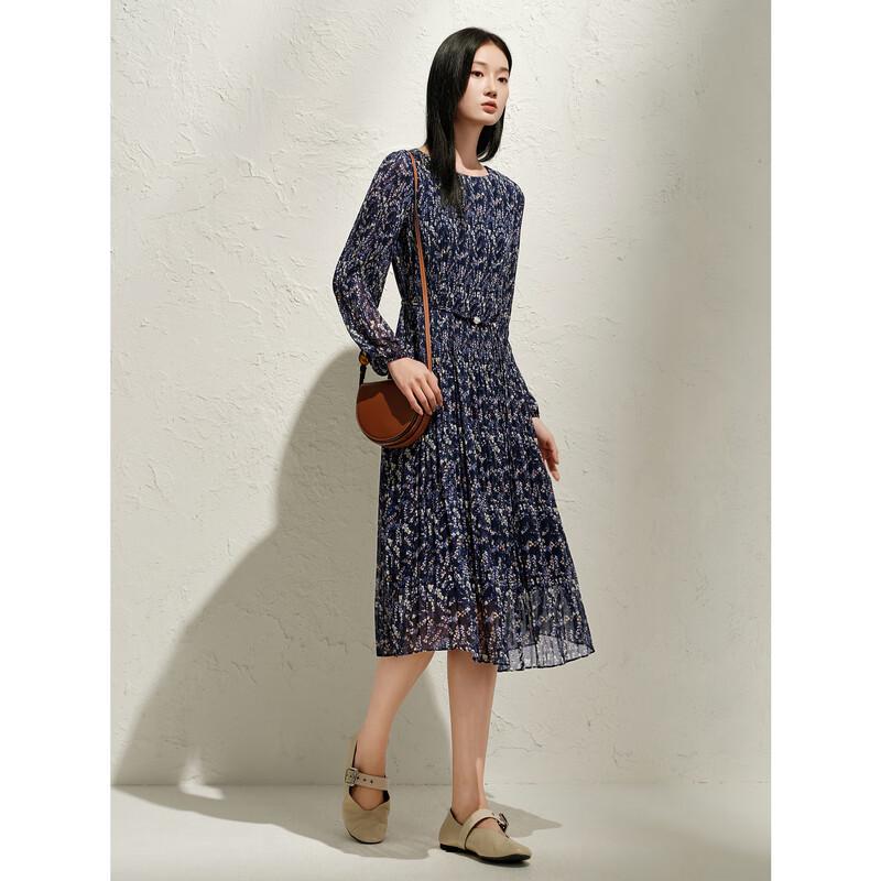 

Anna Kou Elegant Floral Pleated Chiffon Waist-Cinching Dress L
