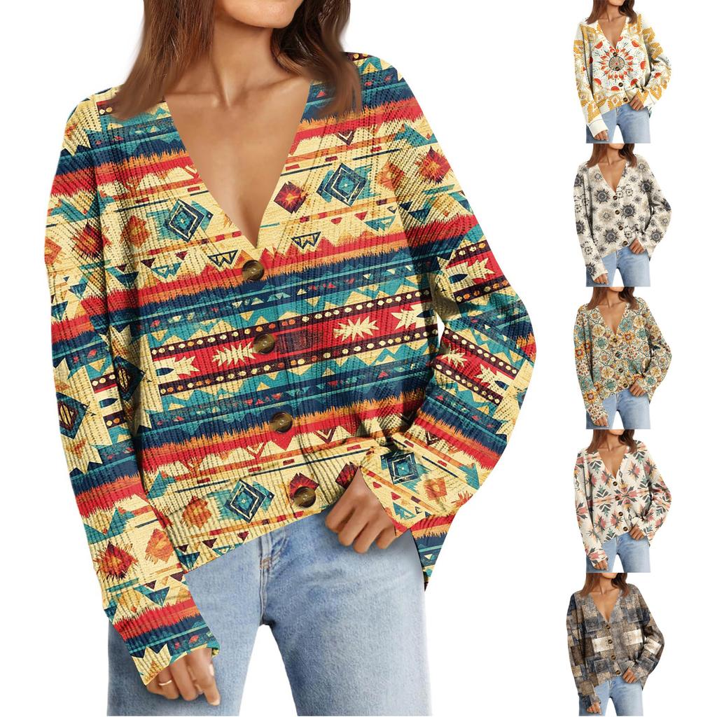 Women's Fashion Long Sleeve Christmas Print V-Neck Button Loose Cardigan Top