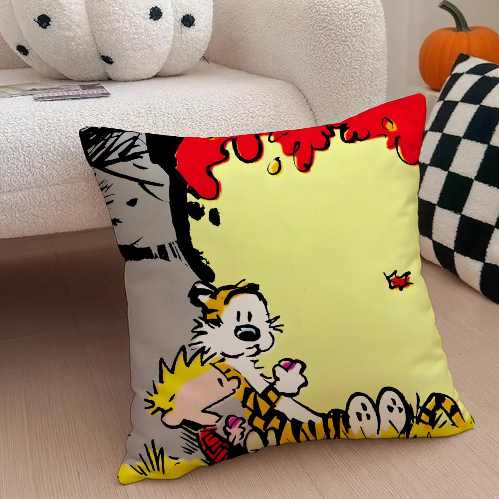 C-Calvin und H-Hobbes Kissenbezug Staubmilben-Kissenbezug Versteckter Reißverschluss seidiger kurzer Plüsch Sofakissenbezug