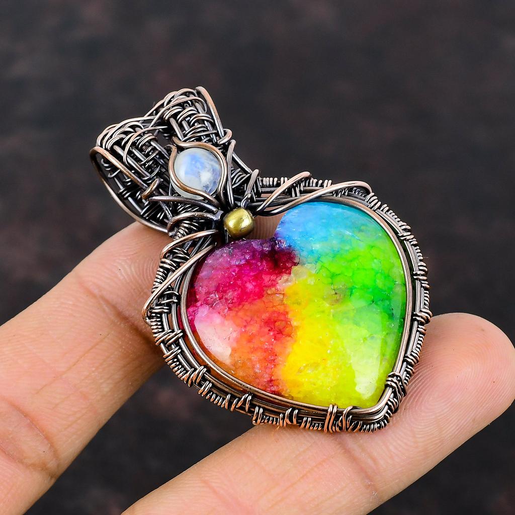 Rainbow Solar Quartz Druzy Copper Wire Wrapped Jewelry Rainbow Moonstone Pendant Copper Gemstone Pendant Handmade Wire Jewelry Gift For Her
