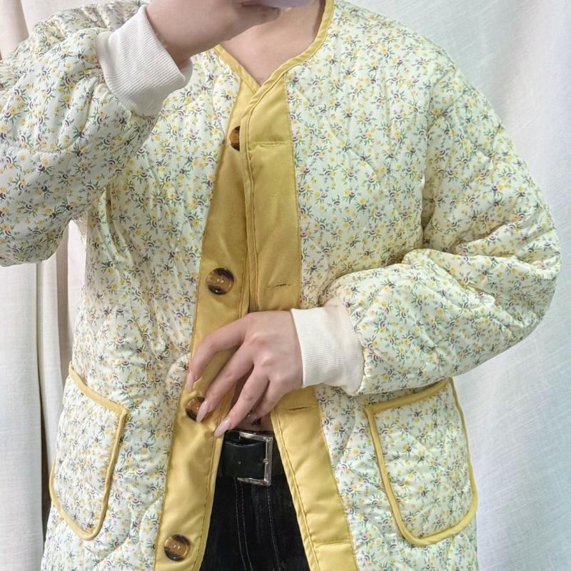 Women's Winter Lightweight Cotton Padded Jacket Light Yellow Korean Style Quilted Outerwear Northeast Floral Cotton Padded Coat
