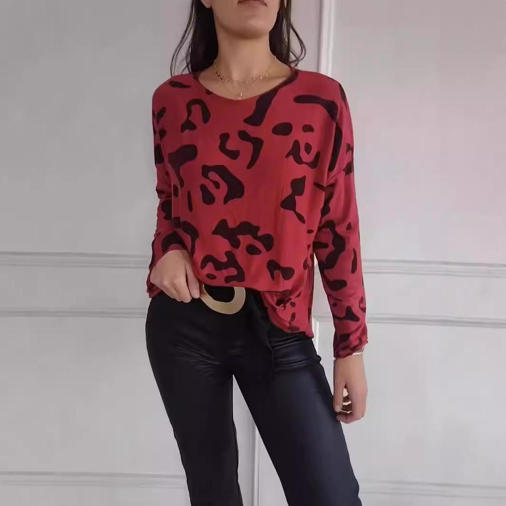 Autumn and Winter Women's Fashion Casual Cheetah Long Sleeve Round Neck Top