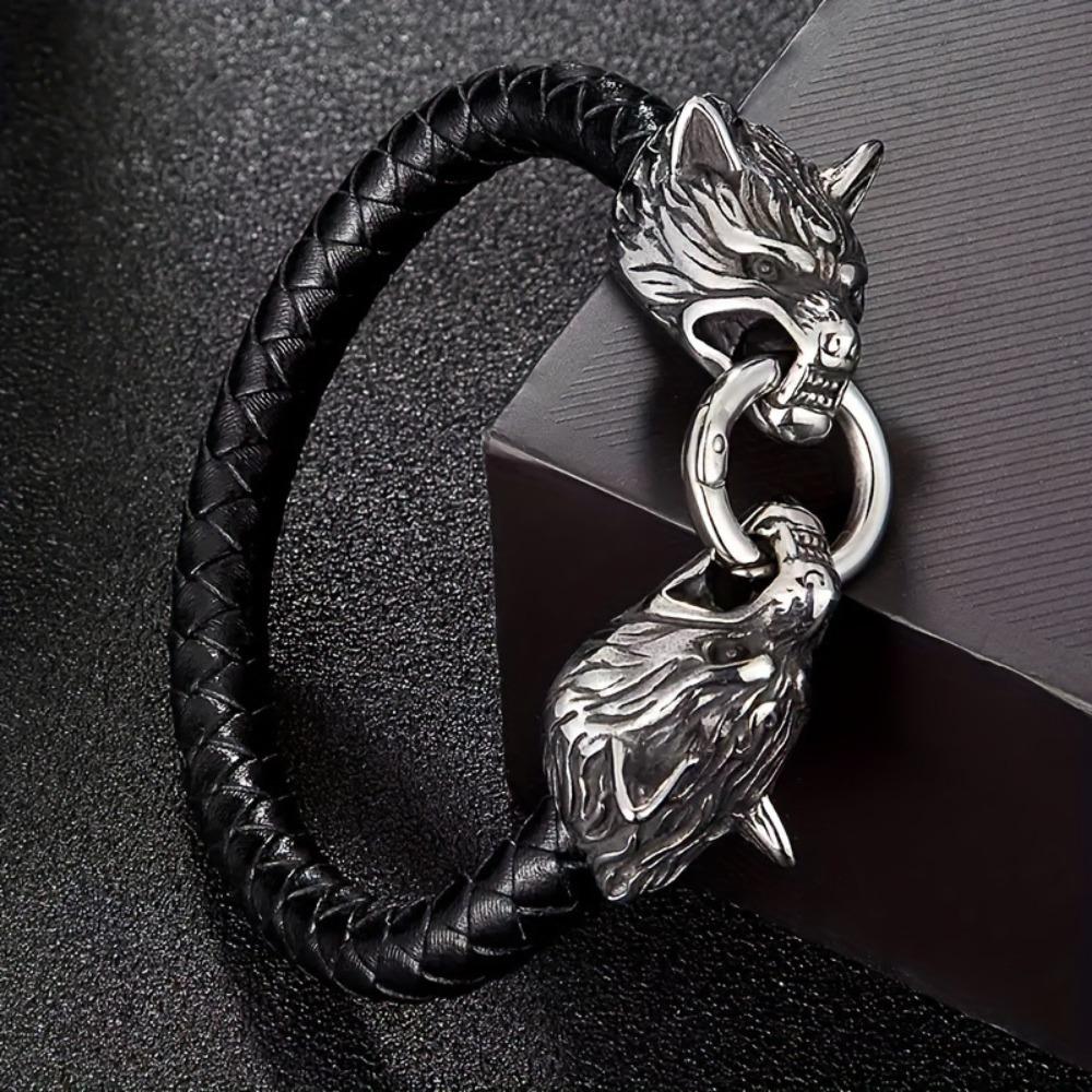 Unique Viking Wolf Leather Bracelet Handmade Mens Rope Wristband Fashion Jewelry