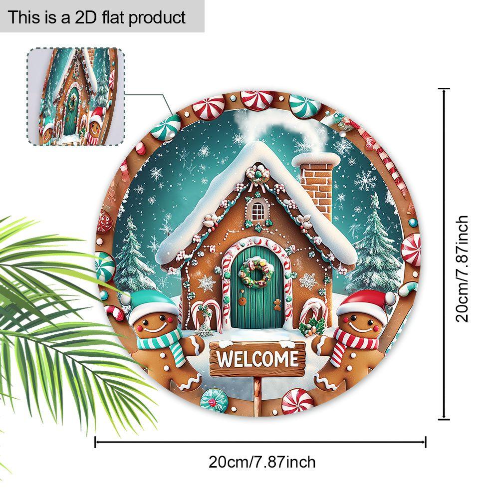 Christmas Gingerbread House Welcome Round Wooden Hanging Sign, 2D Flat Printed Wall Door Ornament, Xmas Home Holiday Decor Gift