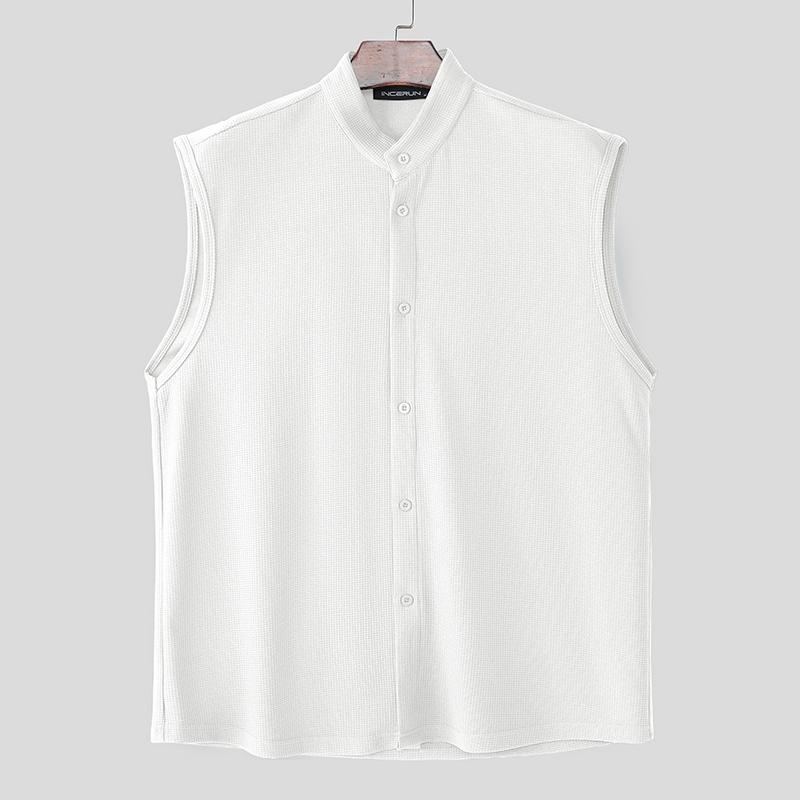 

INCERUN Мужские безрукавные майки оверсайз однотонной текстуры на пуговицах, повседневные свободные 3XL белый