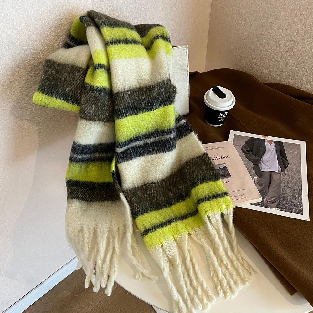 Winter New Mohair Striped Women Scarf Girls Female Warm Thickened Long Scarves Soft Coarse Braid Tassel Shawl Retro Wrap Shawls