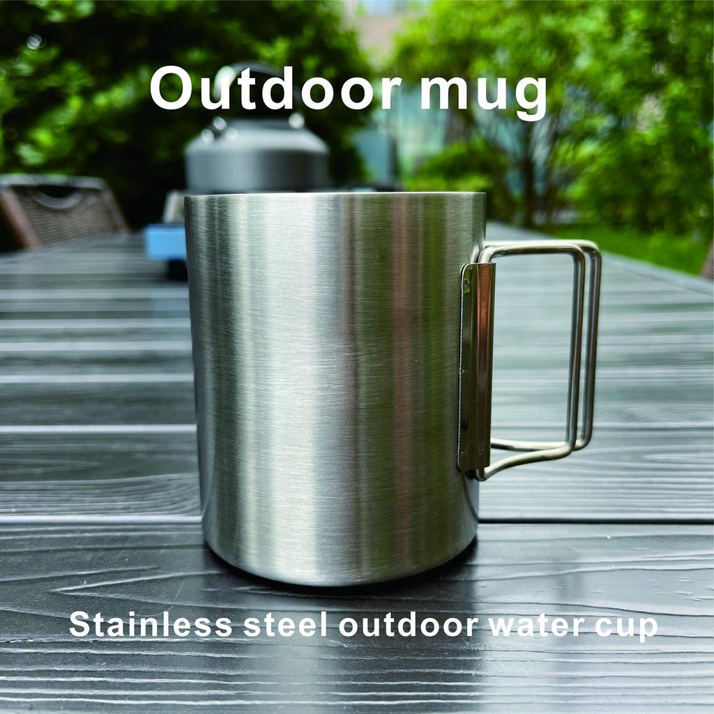 Simple Outdoor Camping Cup Coffee Double Wall Stainless Steel Cup Travel Handle Folding Cup Camping Silver Mug, Cup, Cup, 400ML,