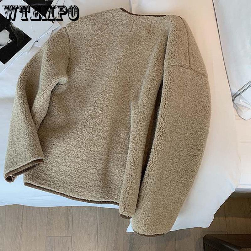 Round Collar Lambswool Coats Women's Spring Autumn Velvet Thick Solid Jackets Female Long Sleeve Casual Warm Cardigans