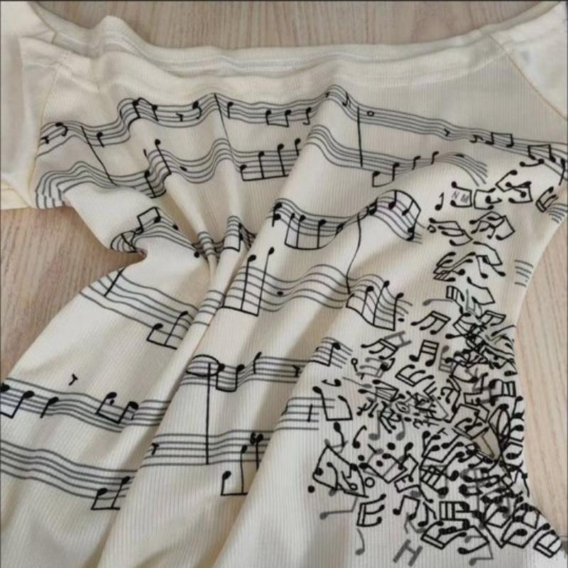 Y2K Letnia Melodia Koszulka z Krótkim Rękawem i Nadrukiem Pentagramu na Jedno Ramię