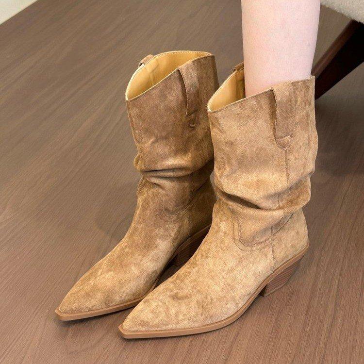Cowhide version! Pointed thick heel stacked boots medium boots 2025 autumn and winter brown short boots but knee small boots
