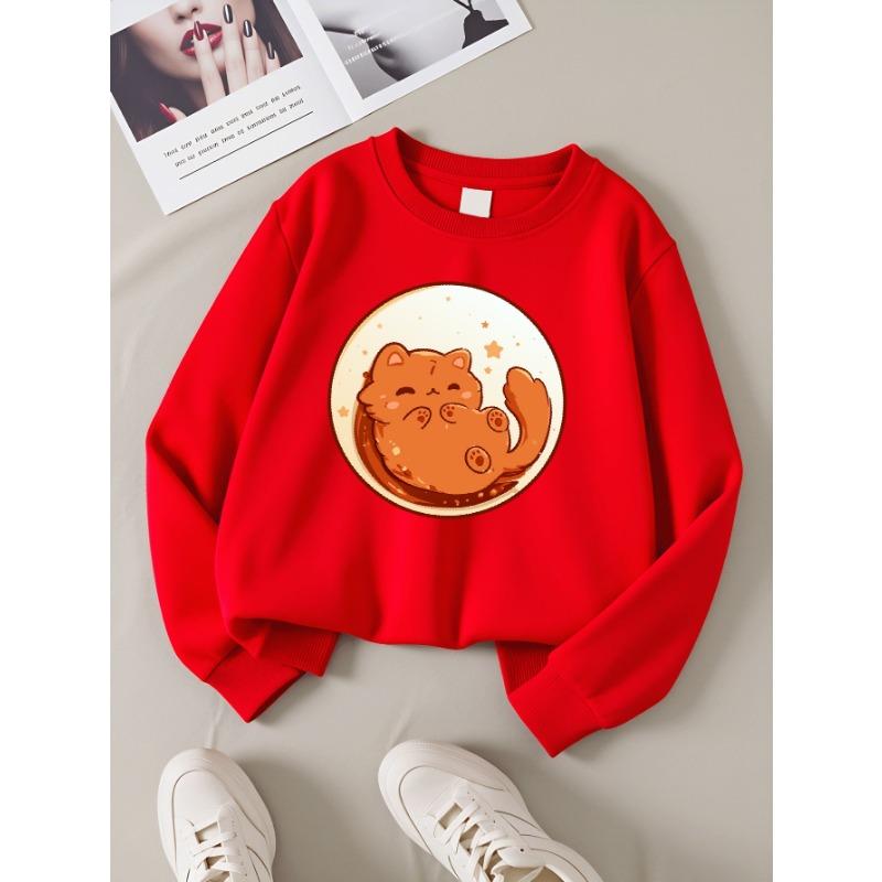 European sizes Kids' Sweatshirts, Girls' Autumn Winter Cute Cat Starry Background Print Long Sleeve Round Neck Sweatshirt, Casual Daily Wear.