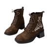 Vintage Embroidered Mid-heel Martin Boots Women's Fall 2025 New Plus-size Block Heel Side Zipper Booties