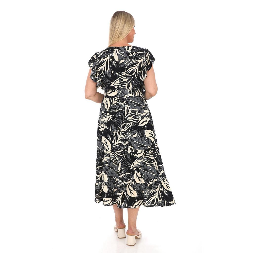 Flounce Sleeves Crew Neck Belted Floral Patterned Long Viscose Dress