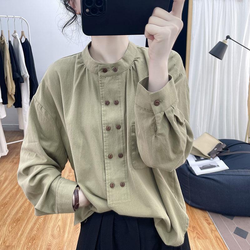 Cotton Shirt for Women Double Breasted Small Stand Collar Long Sleeved Shirt Commuting Top Shirt for Women