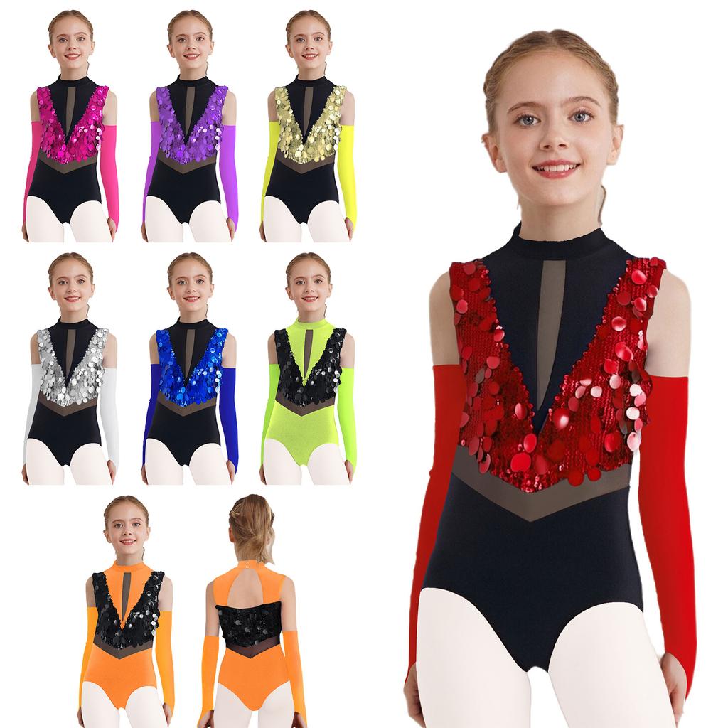 Girls Gymnastics Leotard with Gloves Mock Neck Sleeveless Sparkling Sequins Color Block Dance Costume