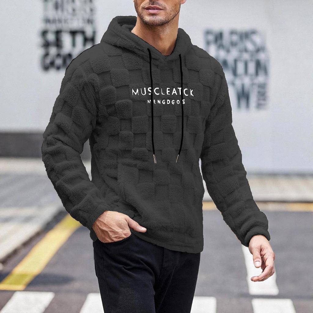 2025 Autumn/Winter Men's Embroidered Fur Hoodie with Drawstring