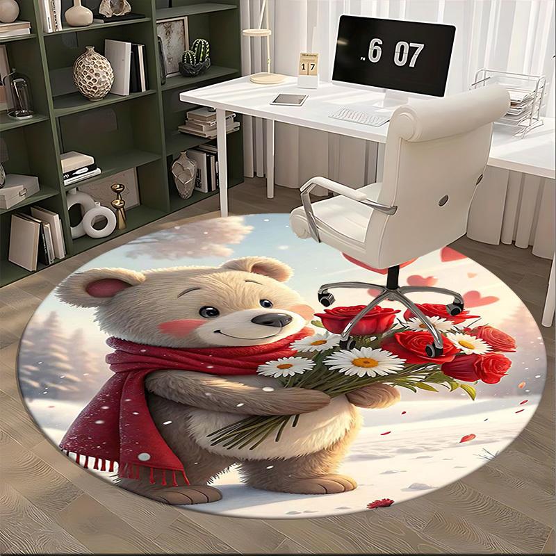 1pc Anime Design Round Carpet - Cute Bear with Flowers, Office Chair Mat, Non-Slip Rug for Home Decor, Seasonal Gift, Suitable for Office and Living R