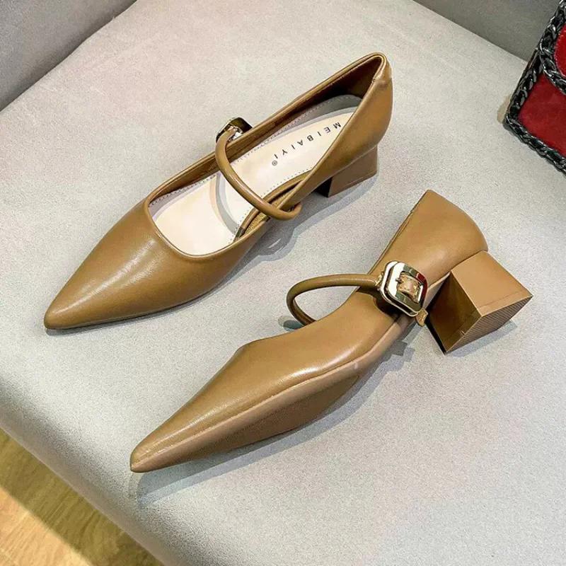 2024 Woman Elegant Summer French Pointed Toe Mary Janes Casual Chunky Heels Female Retro Shoes Low Heeled Women Shoes