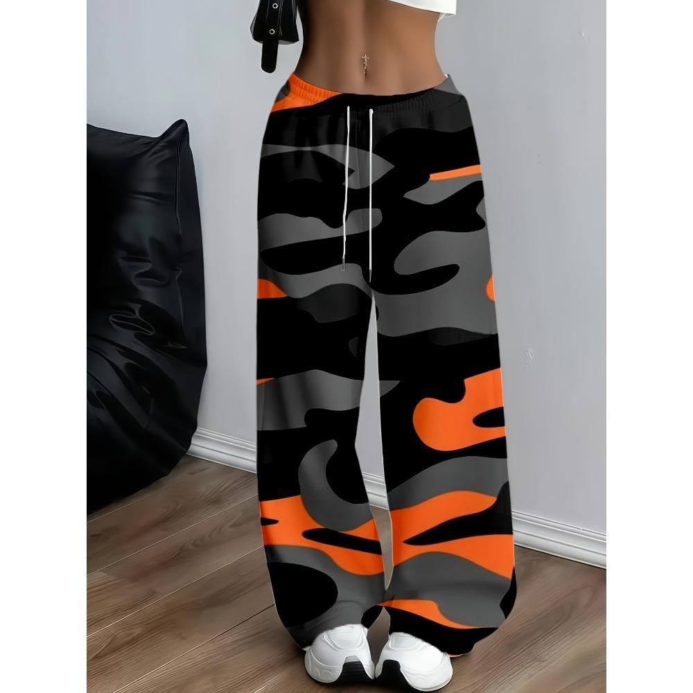 Women's orange black tiger camouflage wide-leg pants, drawstring loose trousers, American retro fashion straight casual trousers